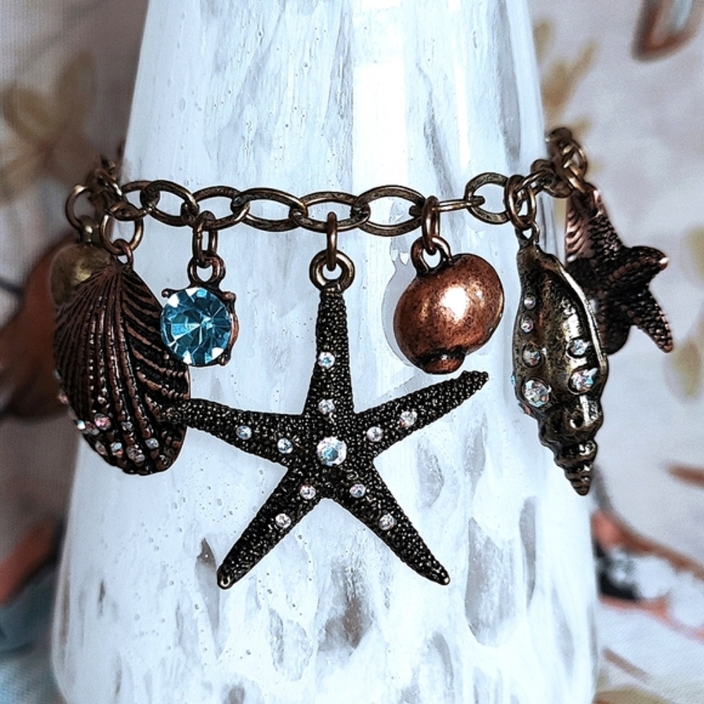 Cookie Lee Brass Copper Seashell Marine Life Rhinestones Starfish Bracelet - Picture 4 of 11